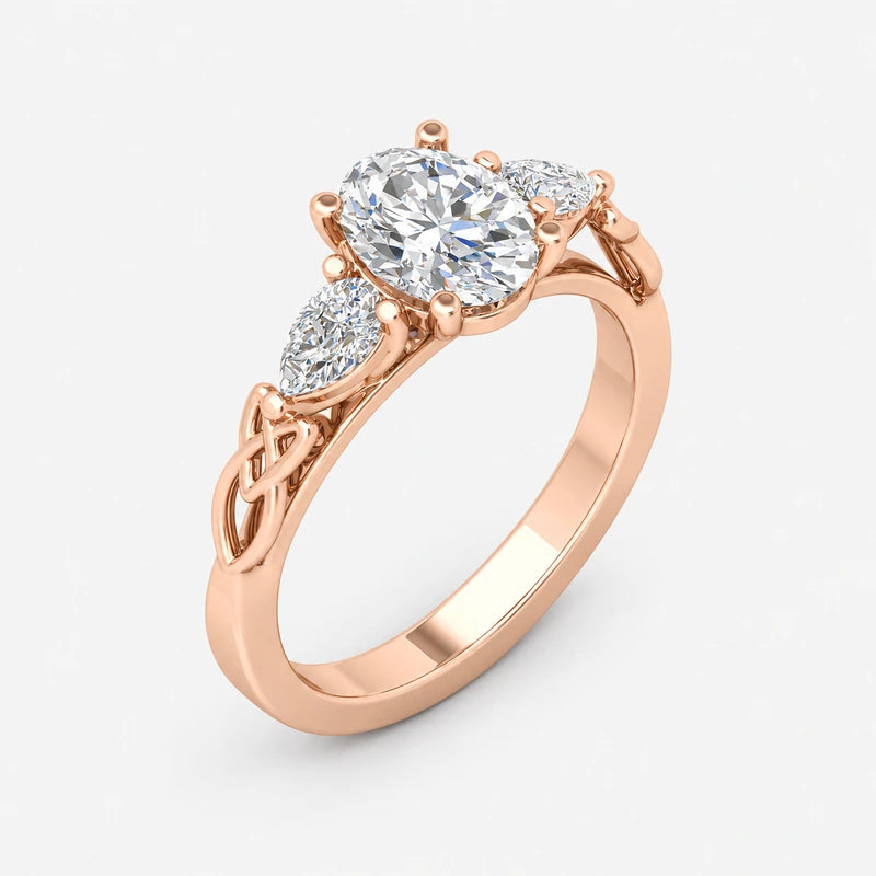 IGI Certified Oval-Cut Three-Stone Celtic Knot Engagement Ring with Pear Side Diamonds in Platinum & Gold