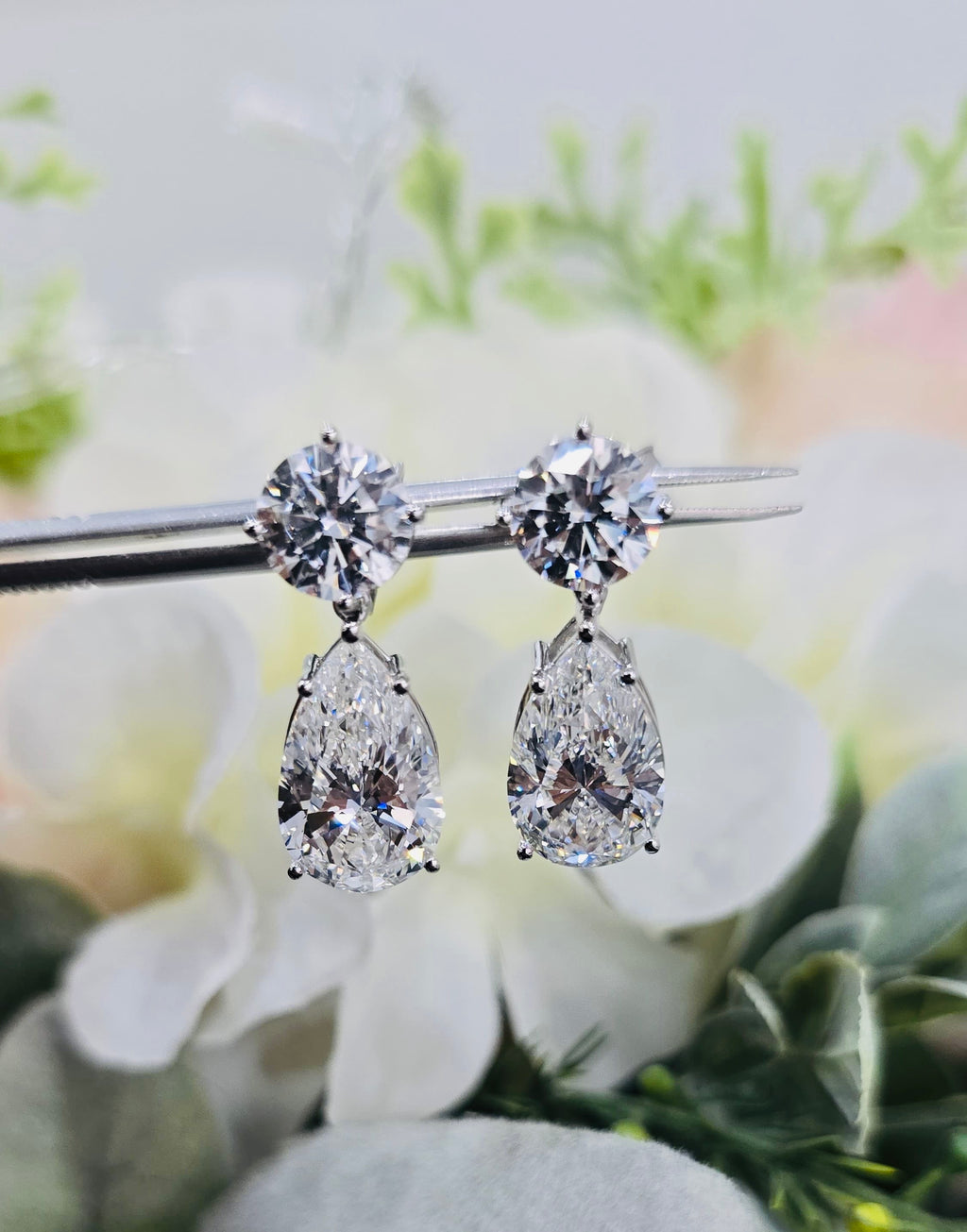IGI Certified 14.00 Carat Pear & Round Diamond Drop and Dangle Earrings in Platinum