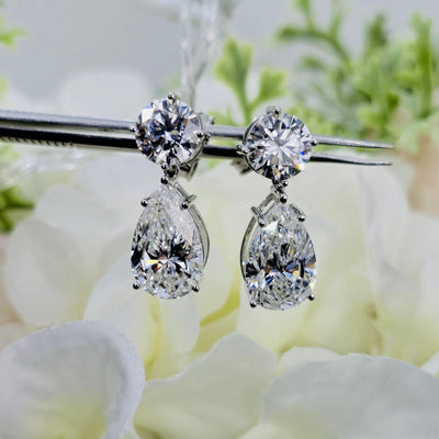 IGI Certified 14.14 Carat Pear & Round Diamond Drop and Dangle Earrings in Platinum