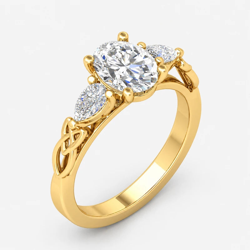 IGI Certified Oval-Cut Three-Stone Celtic Knot Engagement Ring with Pear Side Diamonds in Platinum & Gold