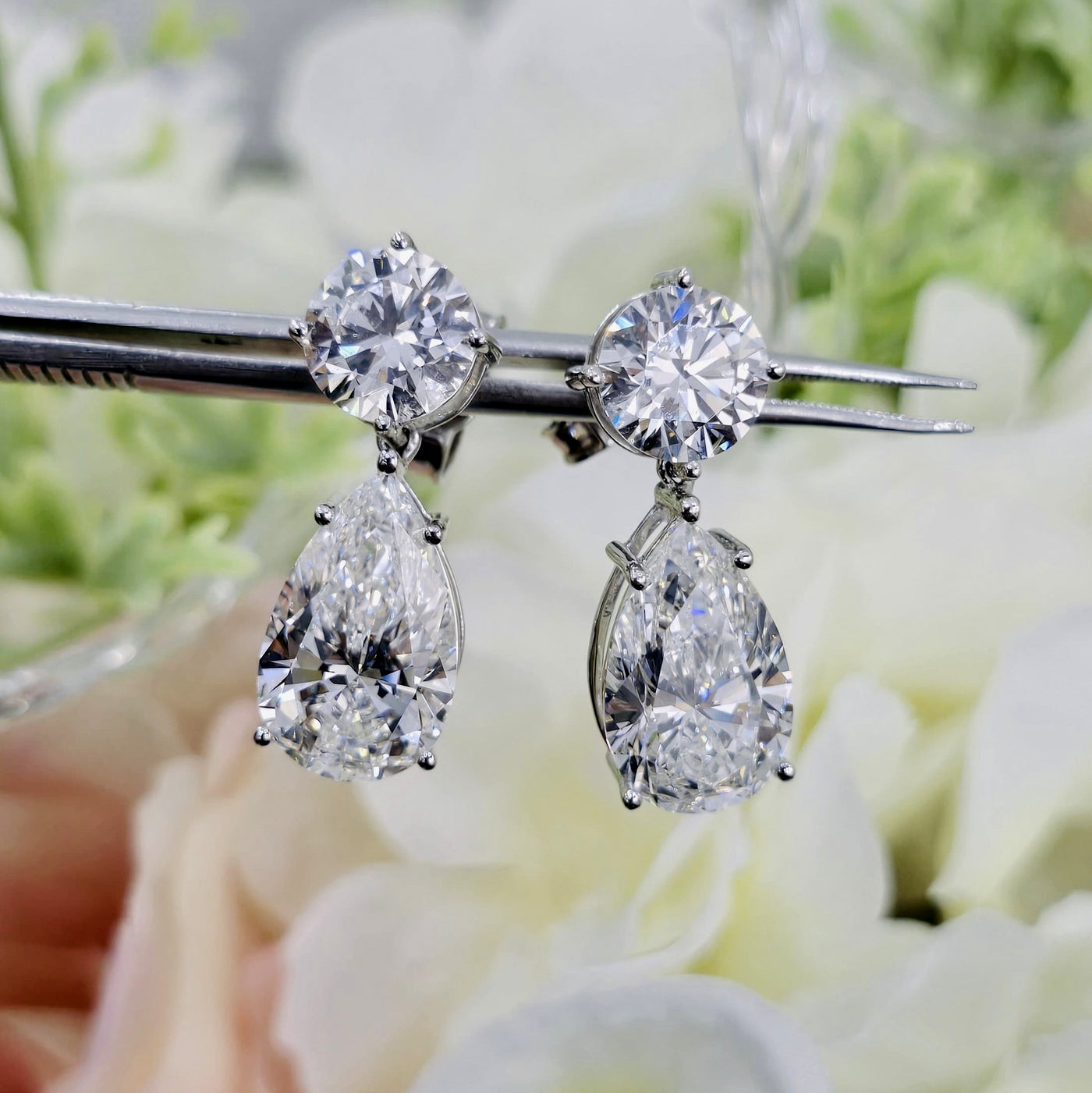 IGI Certified 14.14 Carat Pear & Round Diamond Drop and Dangle Earrings in Platinum