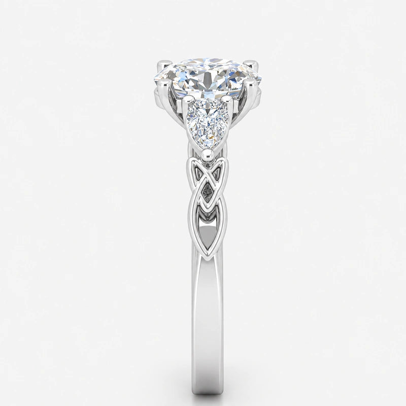 IGI Certified Oval-Cut Three-Stone Celtic Knot Engagement Ring with Pear Side Diamonds in Platinum & Gold