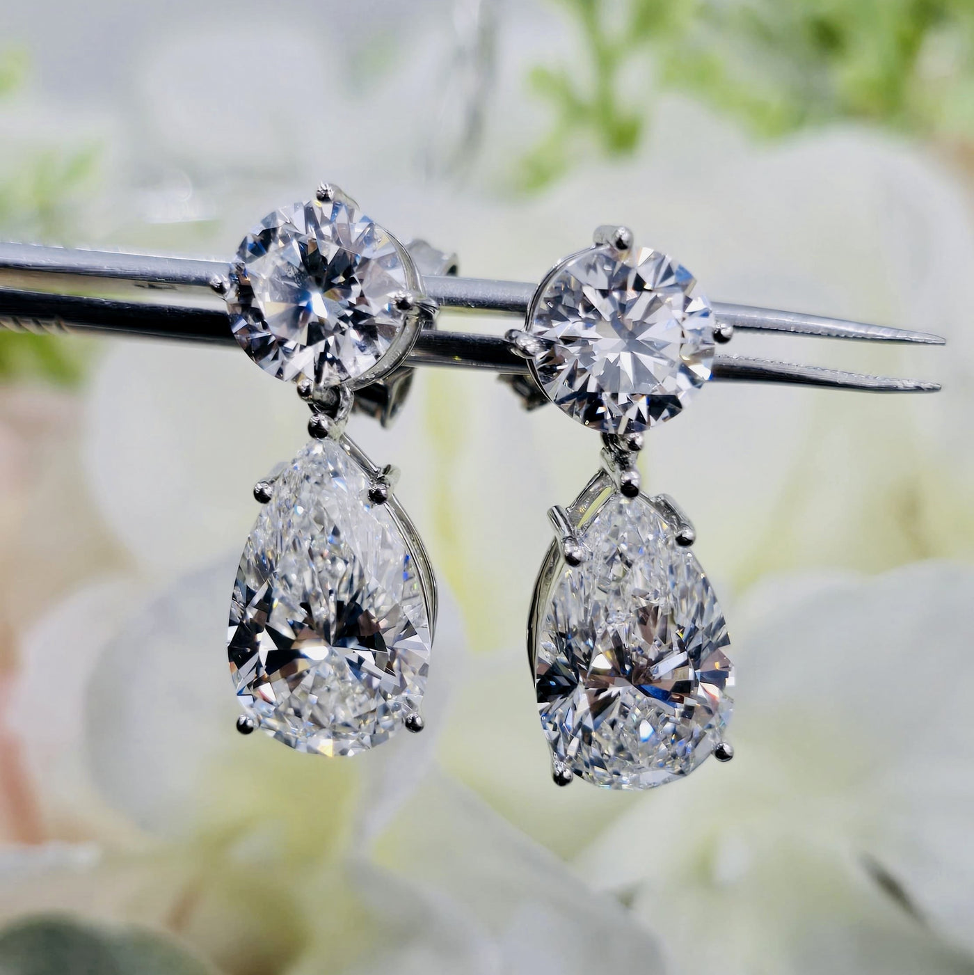 IGI Certified 14.14 Carat Pear & Round Diamond Drop and Dangle Earrings in Platinum