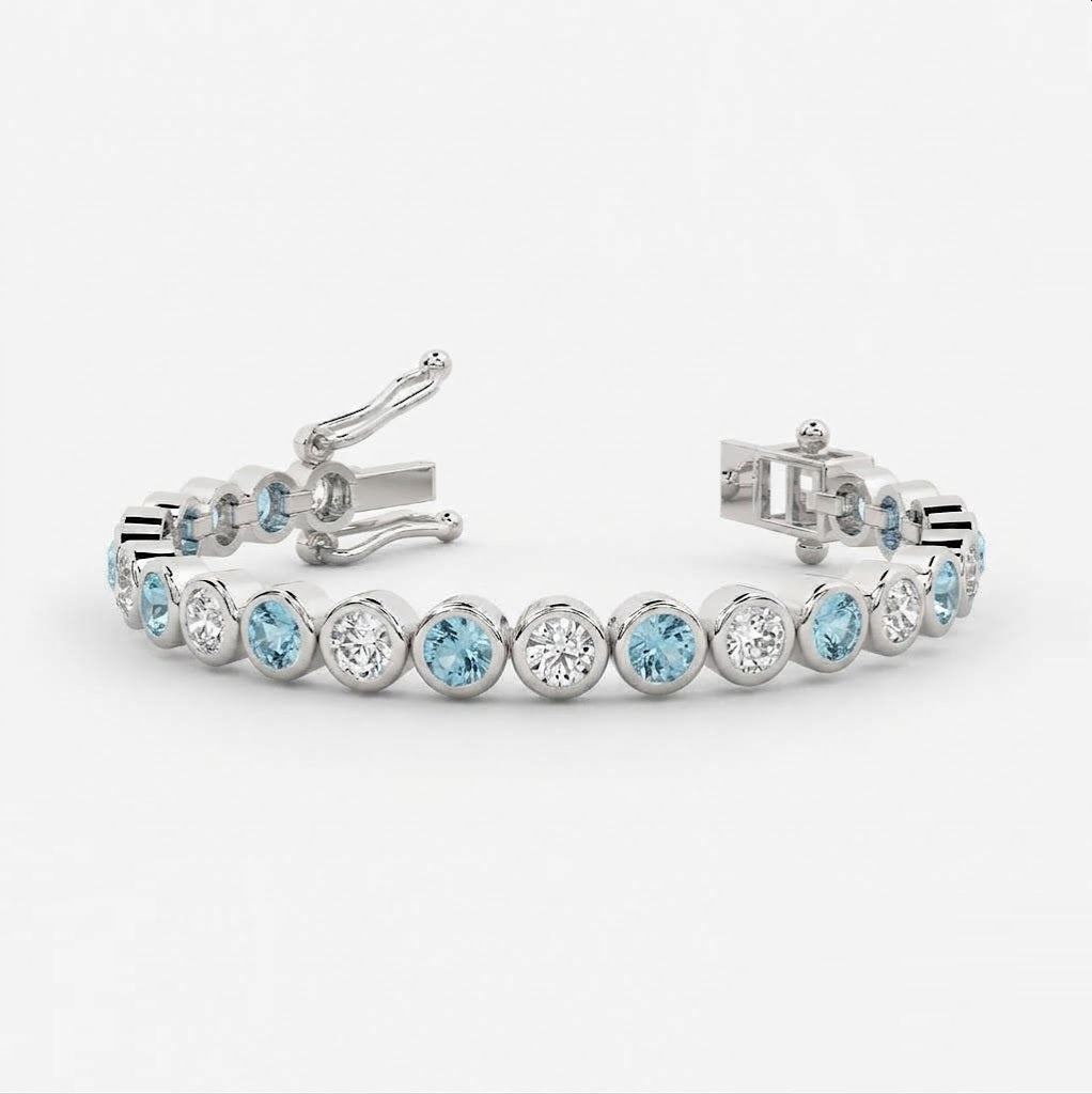 6.00ct Emerald Aquamarine & Diamond Tennis Bracelet - 9k White Gold