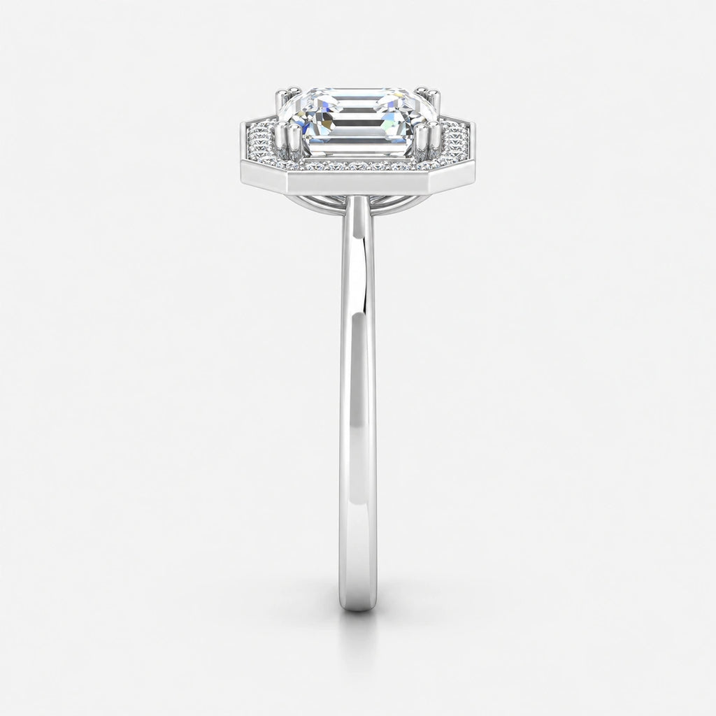 IGI Certified Lab Grown Asscher Cut Diamond with Round Halo Engagement Ring in Gold & Platinum