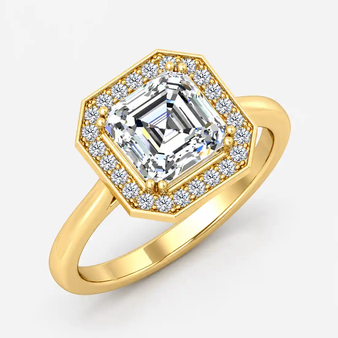 IGI Certified Lab Grown Asscher Cut Diamond with Round Halo Engagement Ring in Gold & Platinum