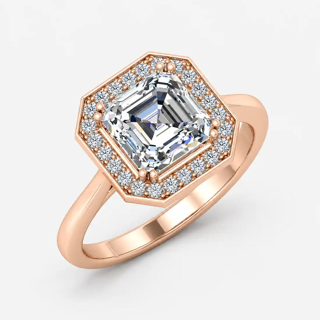 IGI Certified Lab Grown Asscher Cut Diamond with Round Halo Engagement Ring in Gold & Platinum