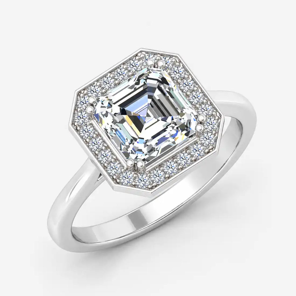 IGI Certified Lab Grown Asscher Cut Diamond with Round Halo Engagement Ring in Gold & Platinum