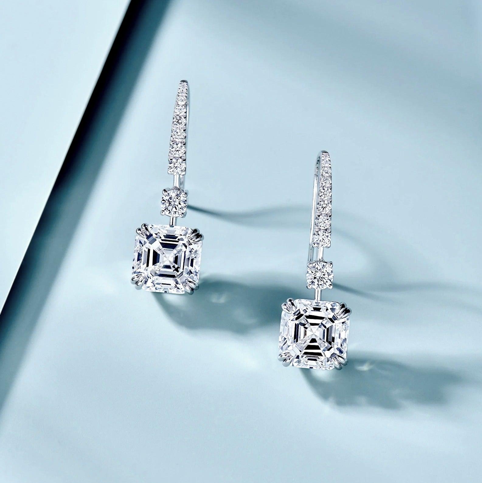Certified 4.00 Carat D/VS Asscher Lab Diamond Dangle Drop Earrings in 18k White Gold