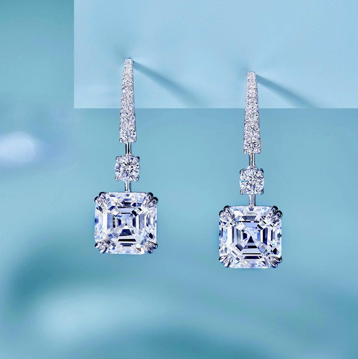 Certified 4.00 Carat D/VS Asscher Lab Diamond Dangle Drop Earrings in 18k White Gold