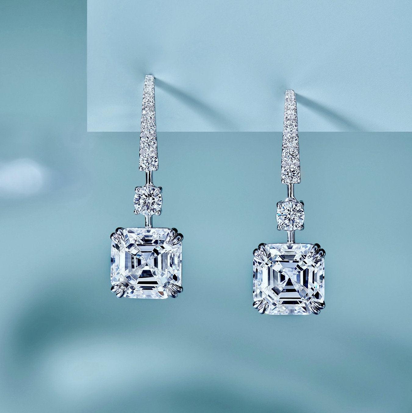 Certified 4.00 Carat D/VS Asscher Lab Diamond Dangle Drop Earrings in 18k White Gold