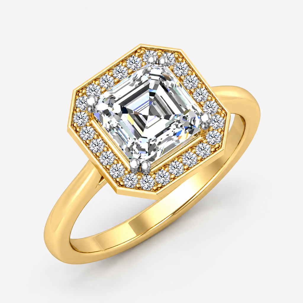 IGI Certified Lab Grown Asscher Cut Diamond with Round Halo Engagement Ring in Gold & Platinum