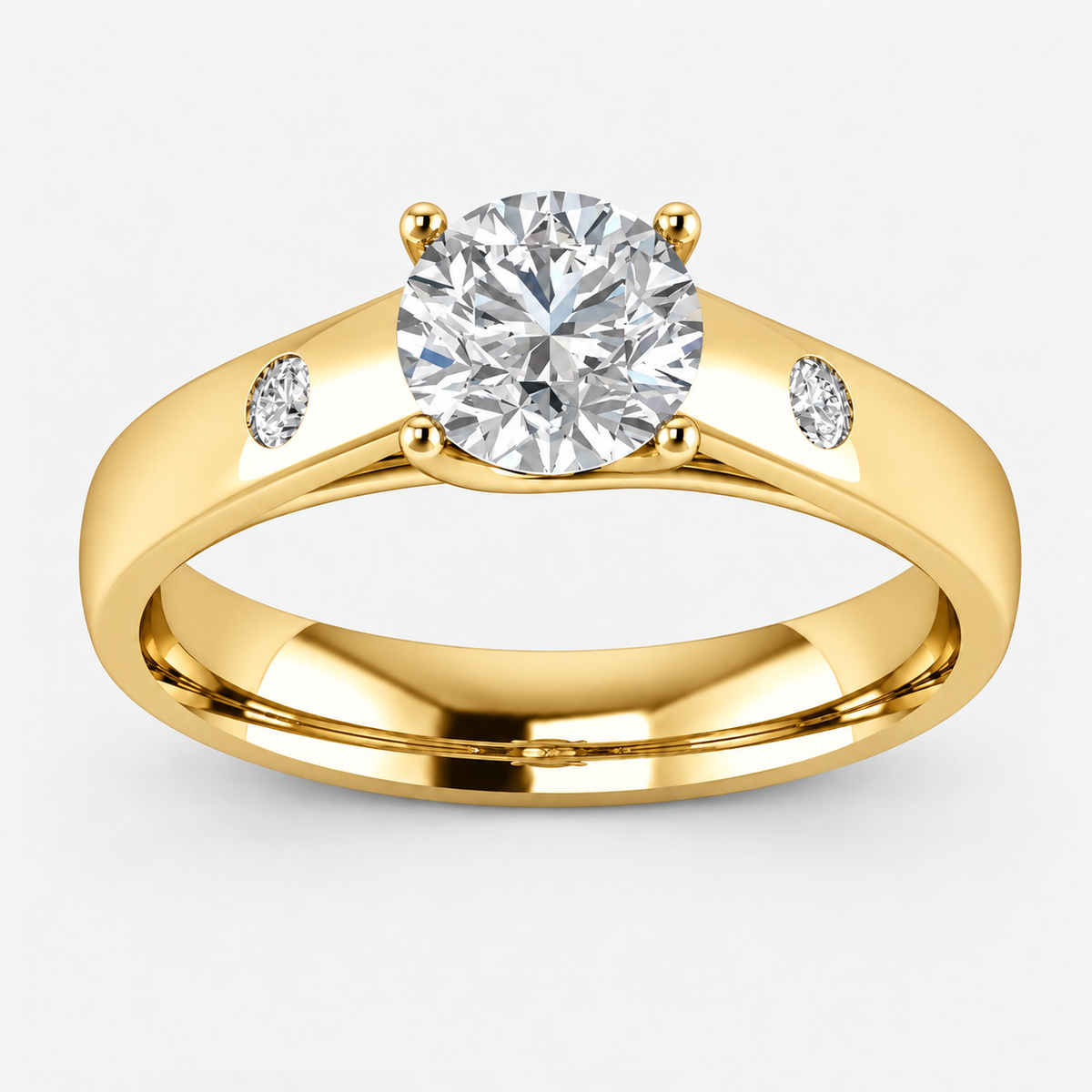 IGI Certified Lab Grown Classic Round Brilliant Cut with side Diamond Bezel Set Engagement Ring in Gold & Platinum – 1–5Ct