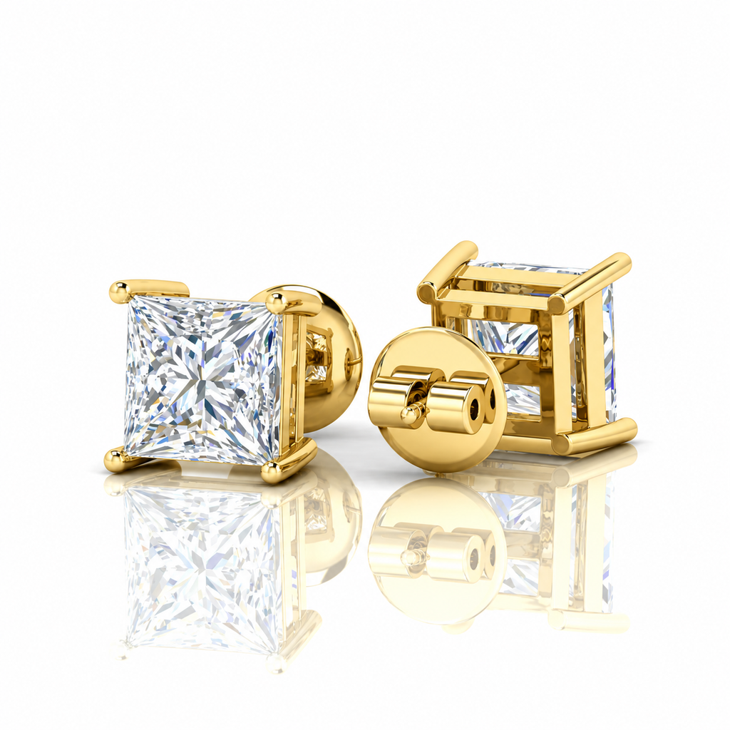Princess Cut Diamond Stud Earrings D / VVS2 4.00 Carat  IGI Certified Lab Grown Diamond  In 18K Yellow Gold