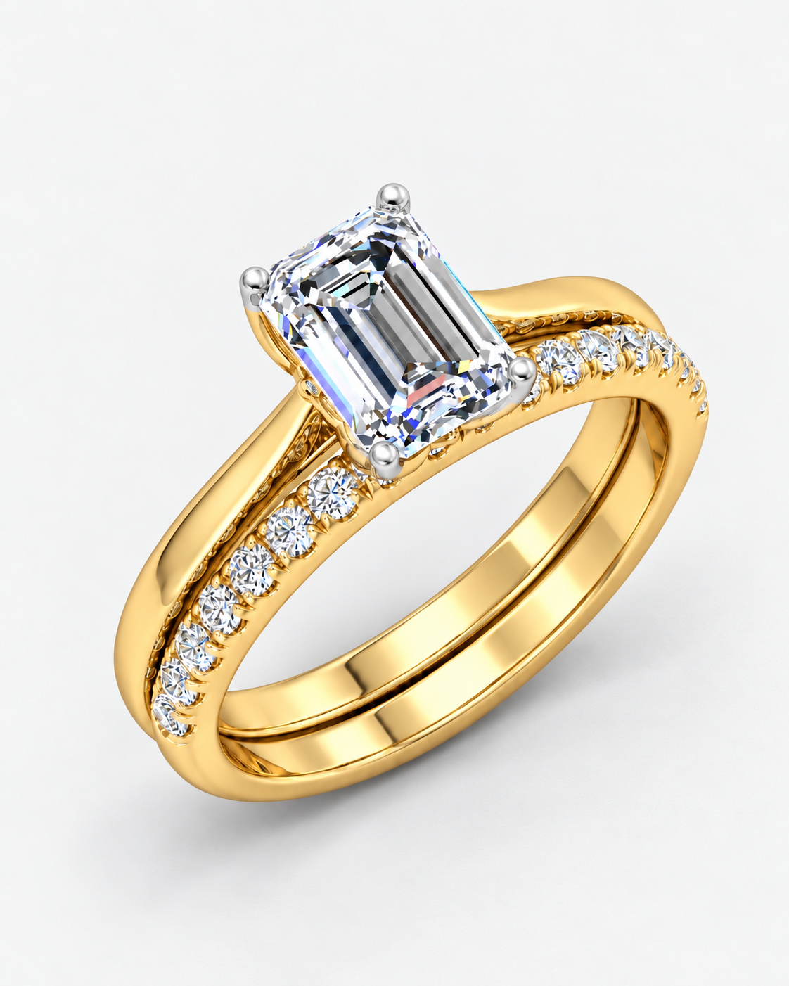 IGI Certified Lab Grown Emerald-Cut Solitaire Engagement Ring with Matching Pavé Wedding Band Set in Gold & Platinum – 1–4Ct