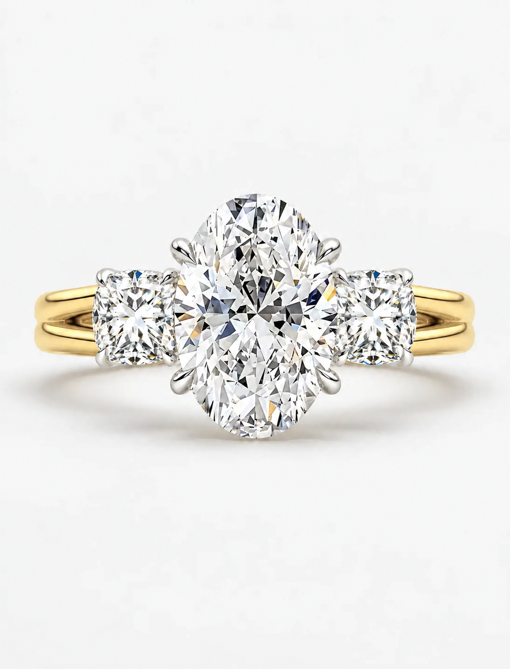 IGI Certified Lab Grown Oval Cut Diamond with Round Side Diamonds Three-Stone Engagement Ring in Gold & Platinum