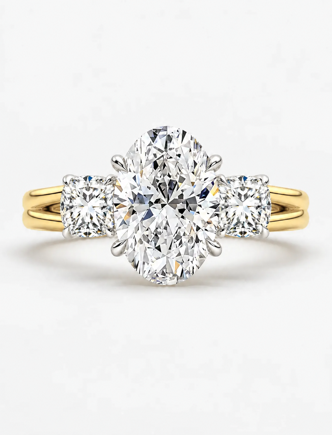 IGI Certified Lab Grown Oval Cut Diamond with Round Side Diamonds Three-Stone Engagement Ring in Gold & Platinum
