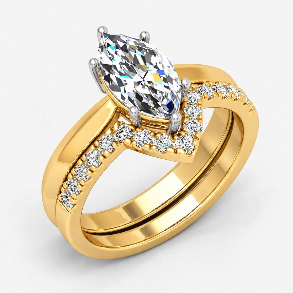 IGI Certified Lab Grown Marquise Side Diamond Engagement Ring with Matching Band in Platinum & Gold - 1-5ct