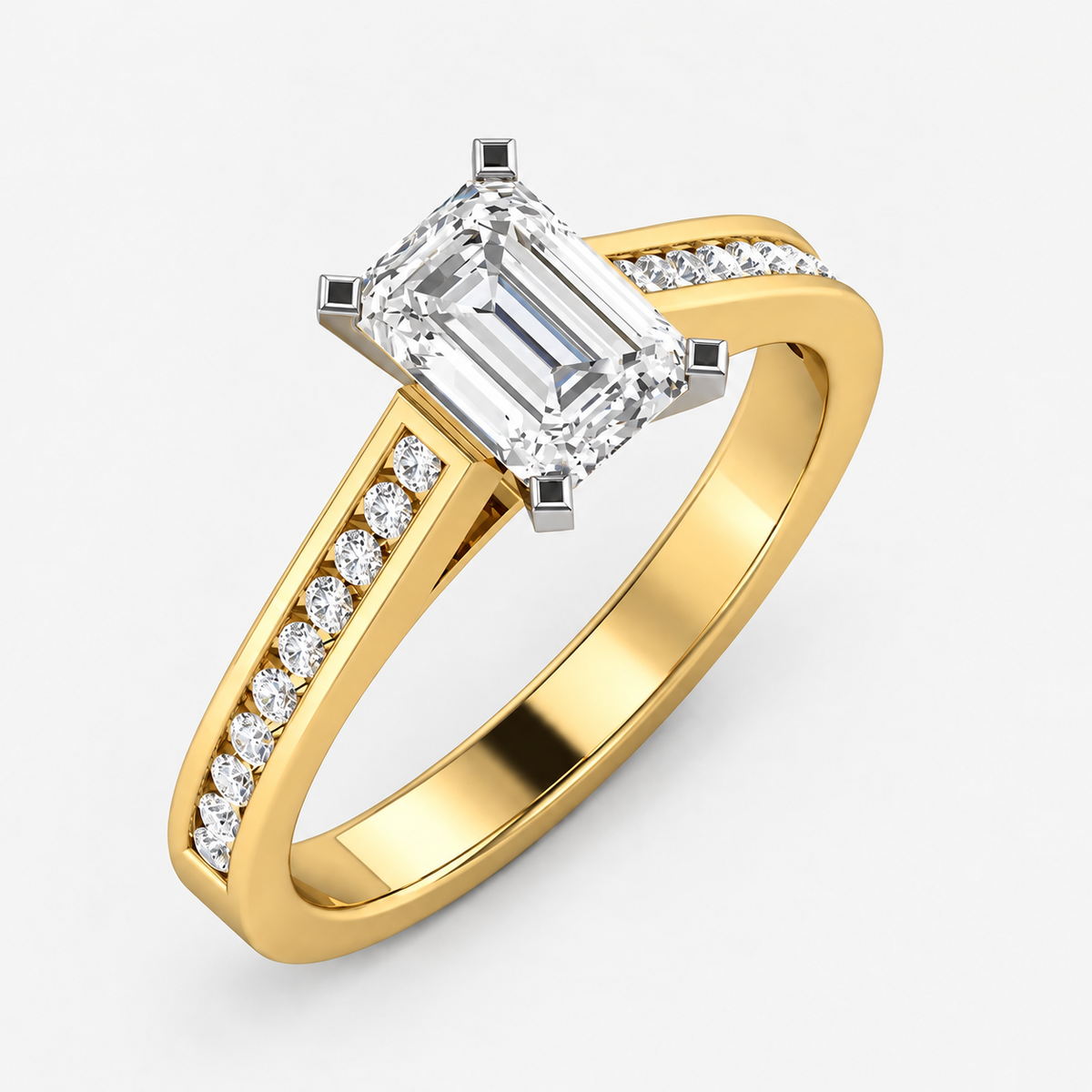 IGI Certified Lab Grown Emerald Cut & Round Diamond Claw & Channel Set Engagement Ring in Gold & Platinum – 1–4Ct
