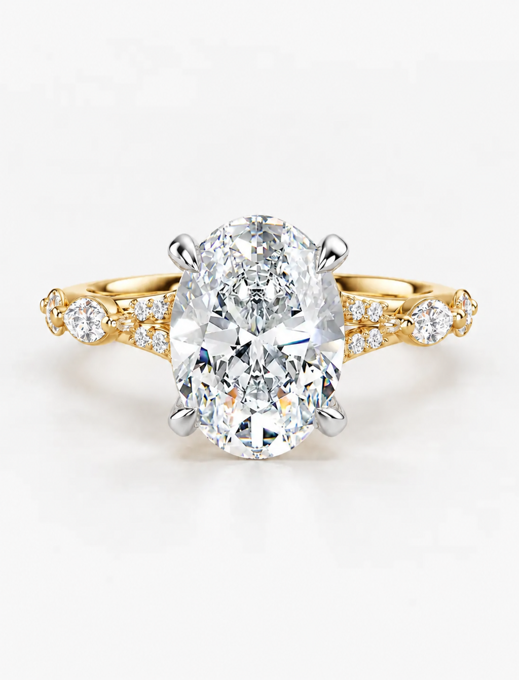 IGI Certified Lab Grown Oval Brilliant Diamond Engagement Ring with Alternating Marquise & Round Band in Gold & Platinum