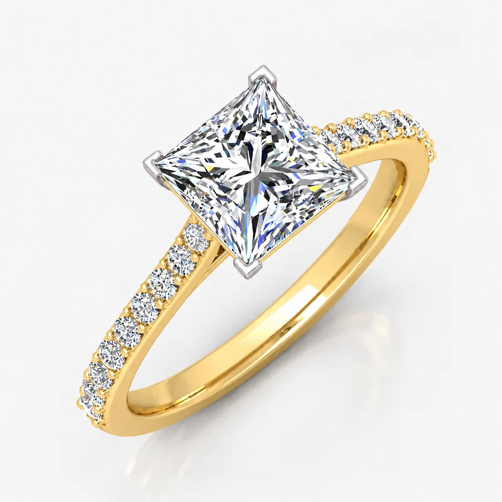 Classic Pavé-Set IGI Certified Lab Grown Princess-Cut Solitaire Engagement Ring with Side Diamonds in Gold & Platinum