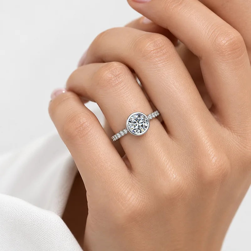 IGI Certified Lab Grown Round Diamond Bezel & Pavé Engagement Ring in Gold & Platinum - 1-5ct