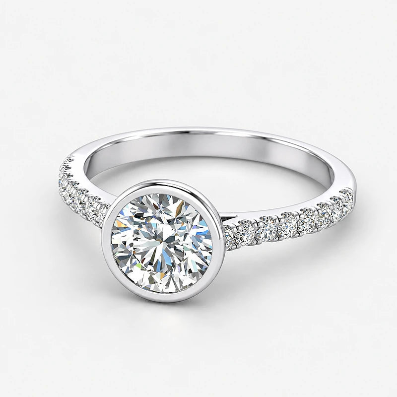 IGI Certified Lab Grown Round Diamond Bezel & Pavé Engagement Ring in Gold & Platinum - 1-5ct