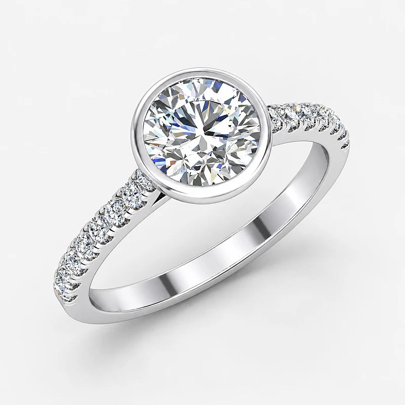 IGI Certified Lab Grown Round Diamond Bezel & Pavé Engagement Ring in Gold & Platinum - 1-5ct