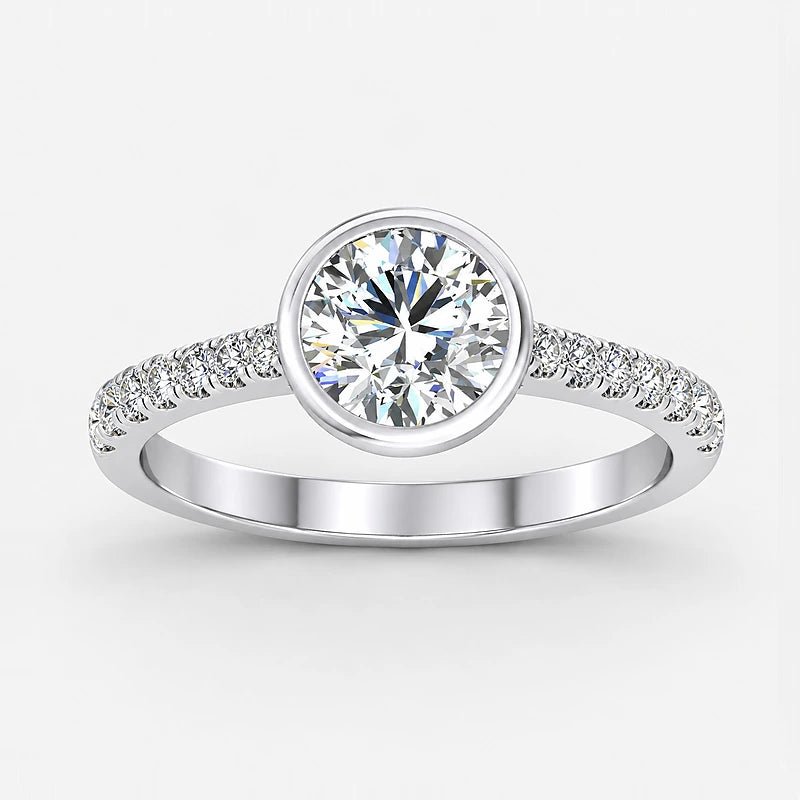 IGI Certified Lab Grown Round Diamond Bezel & Pavé Engagement Ring in Gold & Platinum - 1-5ct