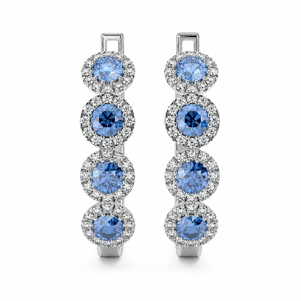 100% Natural Sapphire & Diamond Halo Hoop Earrings in White Gold