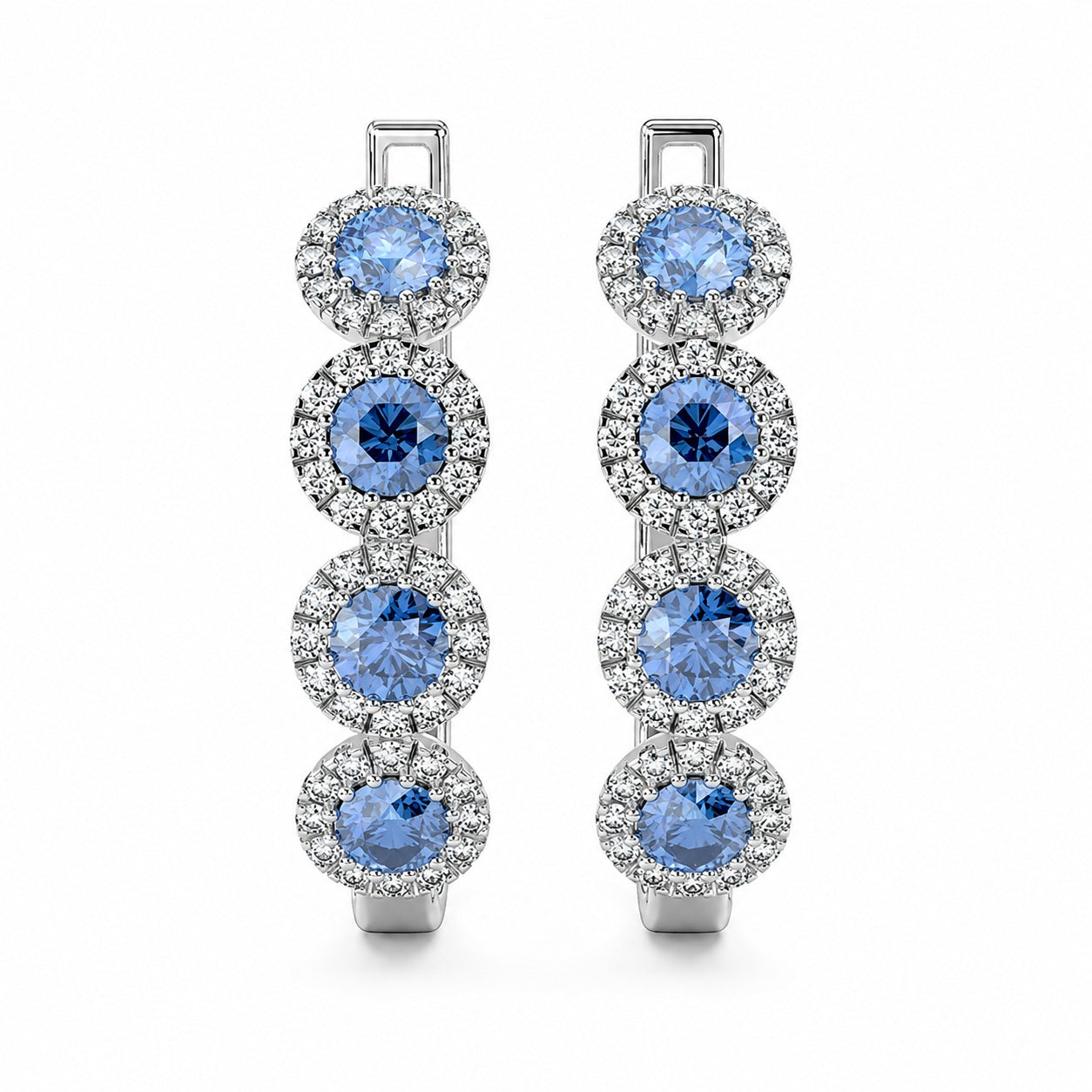 100% Natural Sapphire & Diamond Halo Hoop Earrings in White Gold