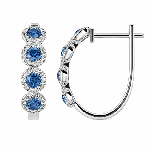 100% Natural Sapphire & Diamond Halo Hoop Earrings in White Gold