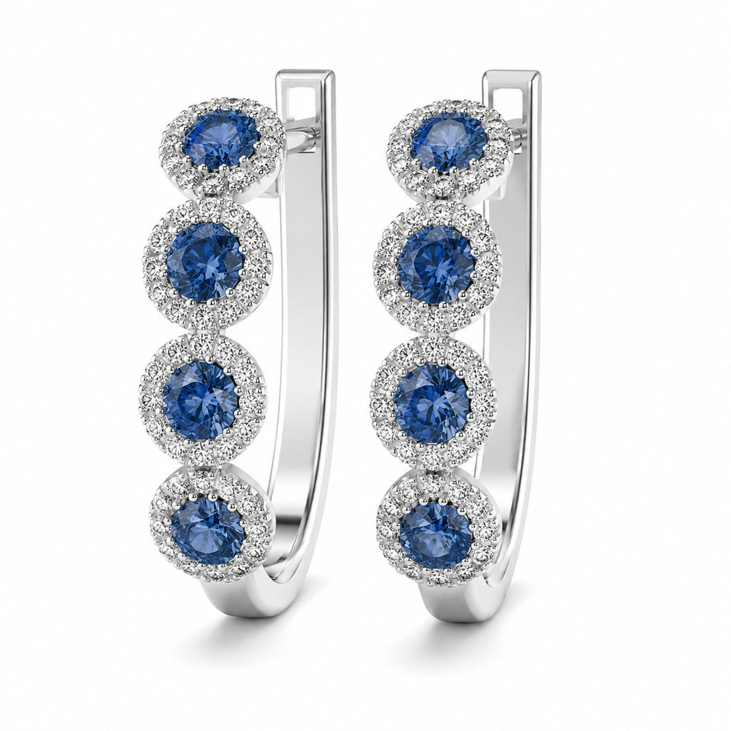 100% Natural Sapphire & Diamond Halo Hoop Earrings in White Gold