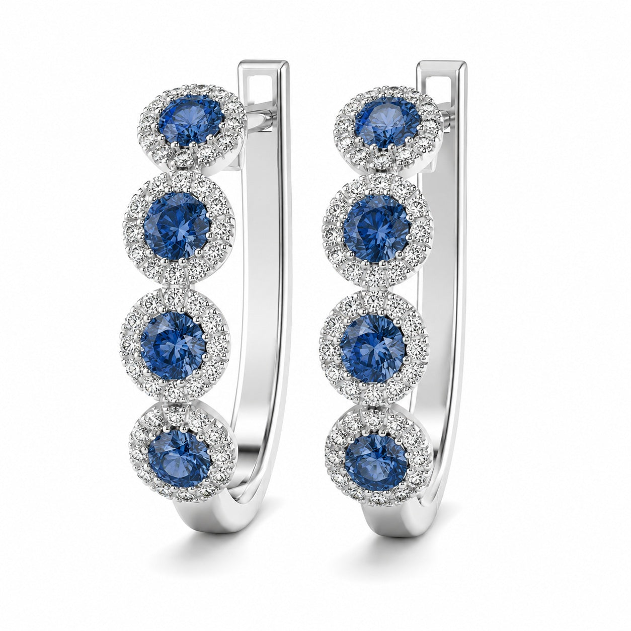 100% Natural Sapphire & Diamond Halo Hoop Earrings in White Gold