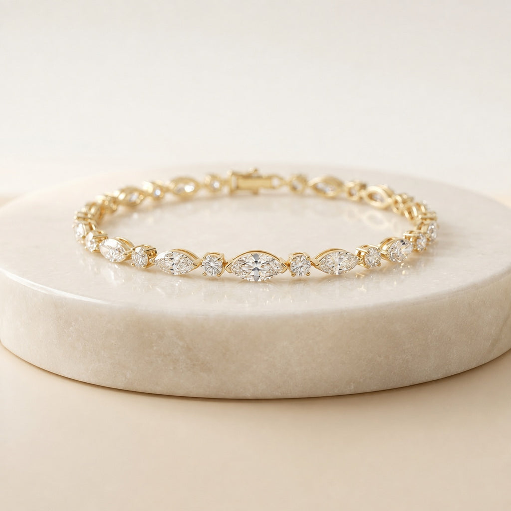 5.00 Carat Marquise and Round Diamond Claw Setting Tennis Bracelet 9k Gold