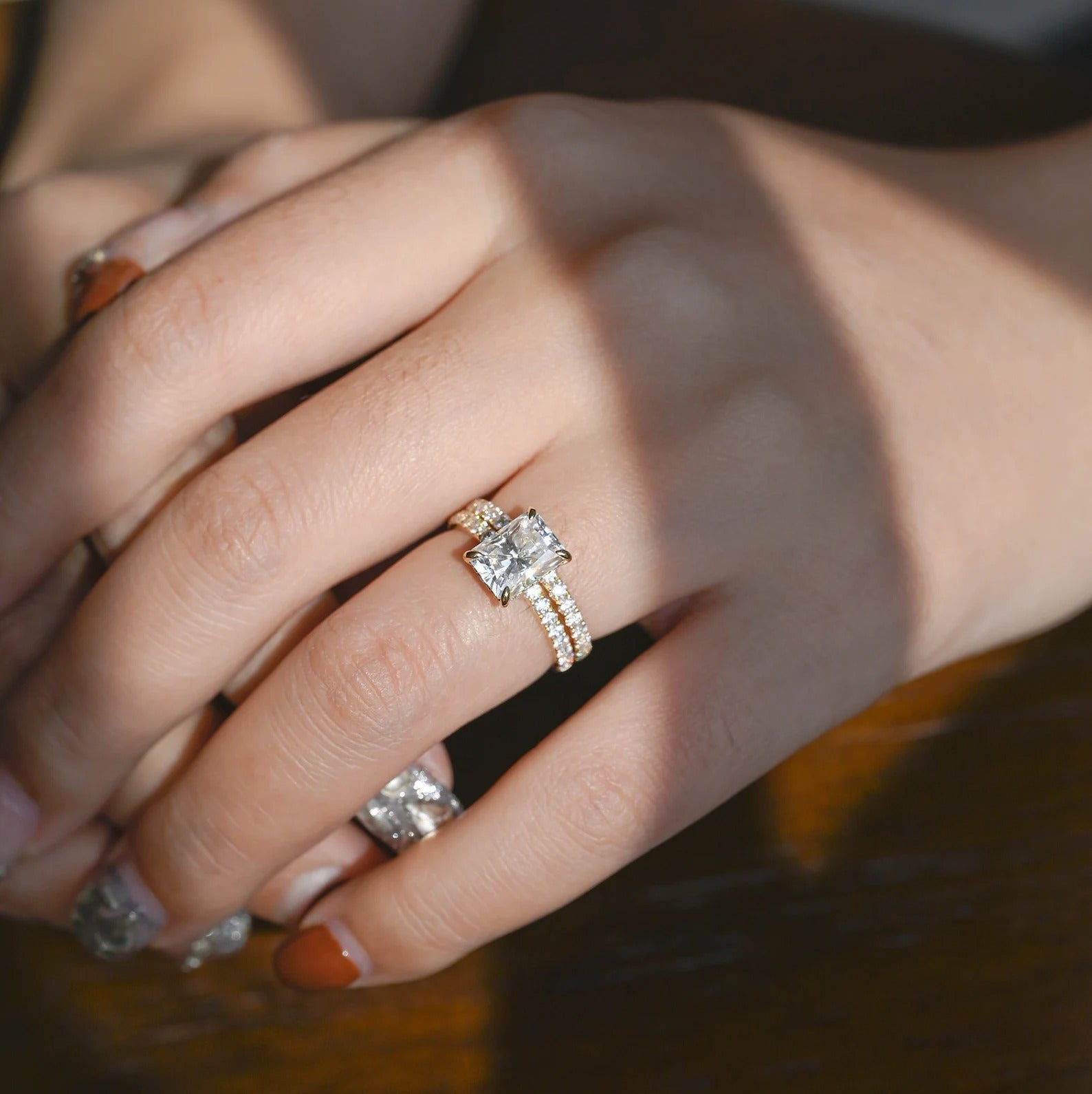 E/VS 3.50Ct Radiant Diamond Bridal Set Engagement Ring