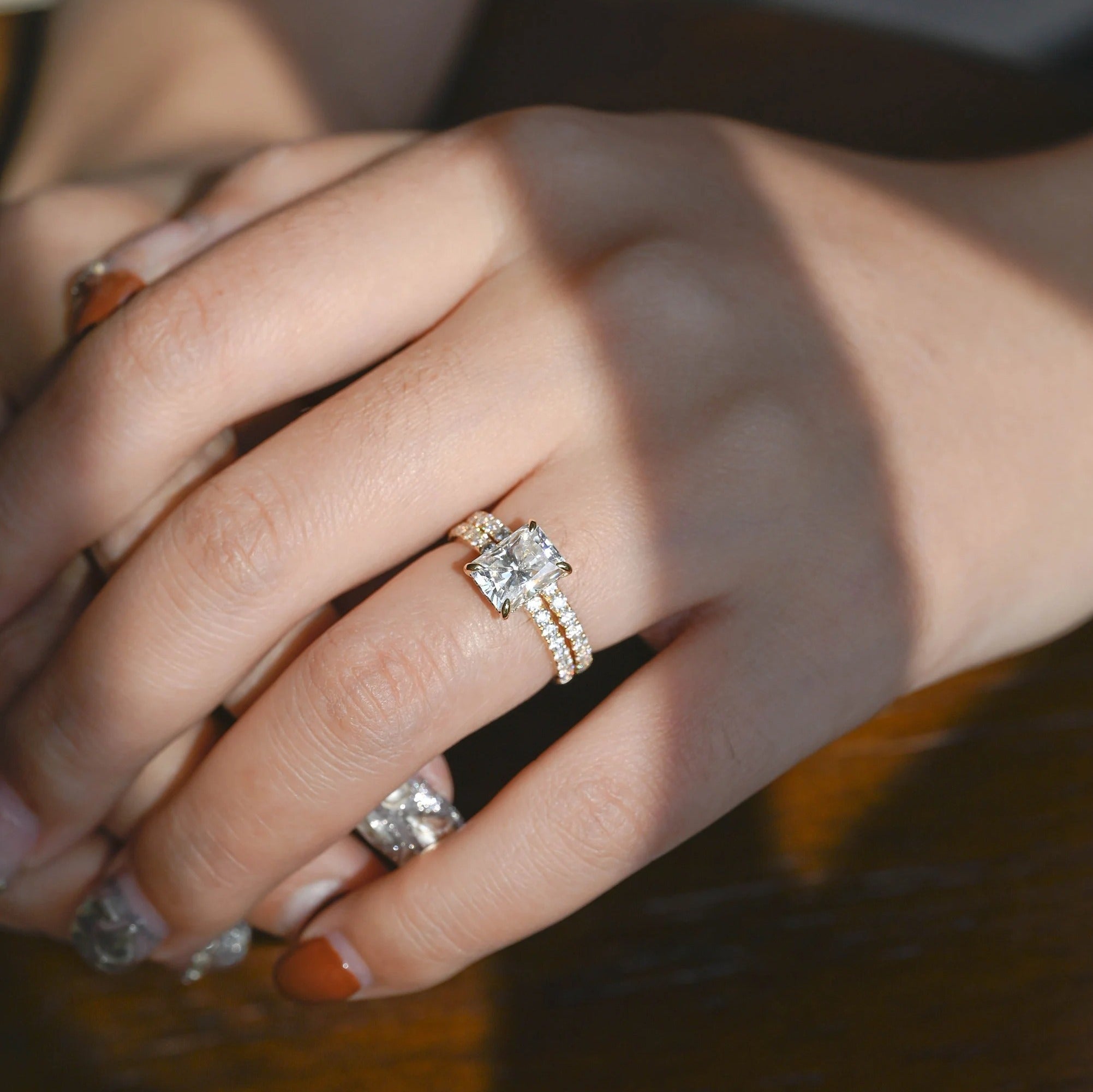 E/VS 3.50Ct Radiant Diamond Bridal Set Engagement Ring