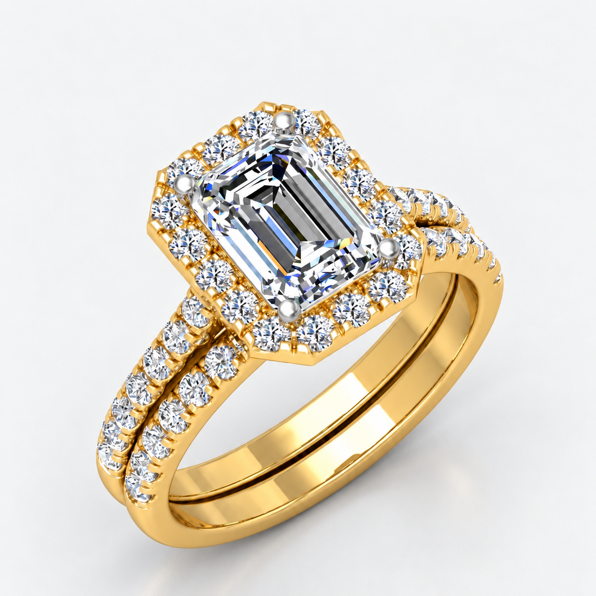 IGI Certified Emerald Cut Lab Grown Diamond Bridal Ring Set with Pavé Band