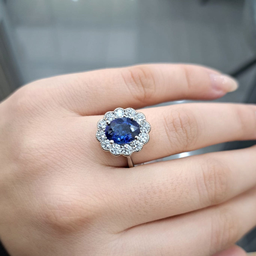 3.50ct Sapphire Oval & Diamond Cluster Engagement Ring In Gold & Platinum