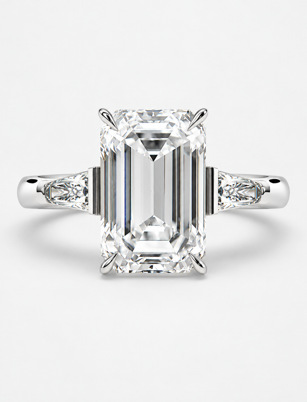 5.70CT Lab Grown Solitaire Emerald Diamond Tapered Baguette Trilogy Ring Platinum