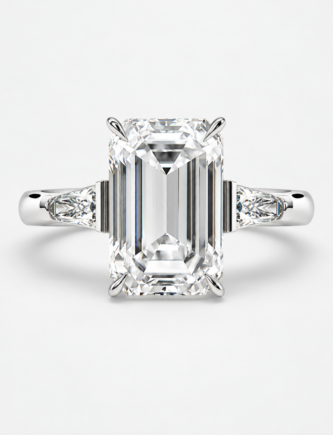 5.70CT Lab Grown Solitaire Emerald Diamond Tapered Baguette Trilogy Ring Platinum