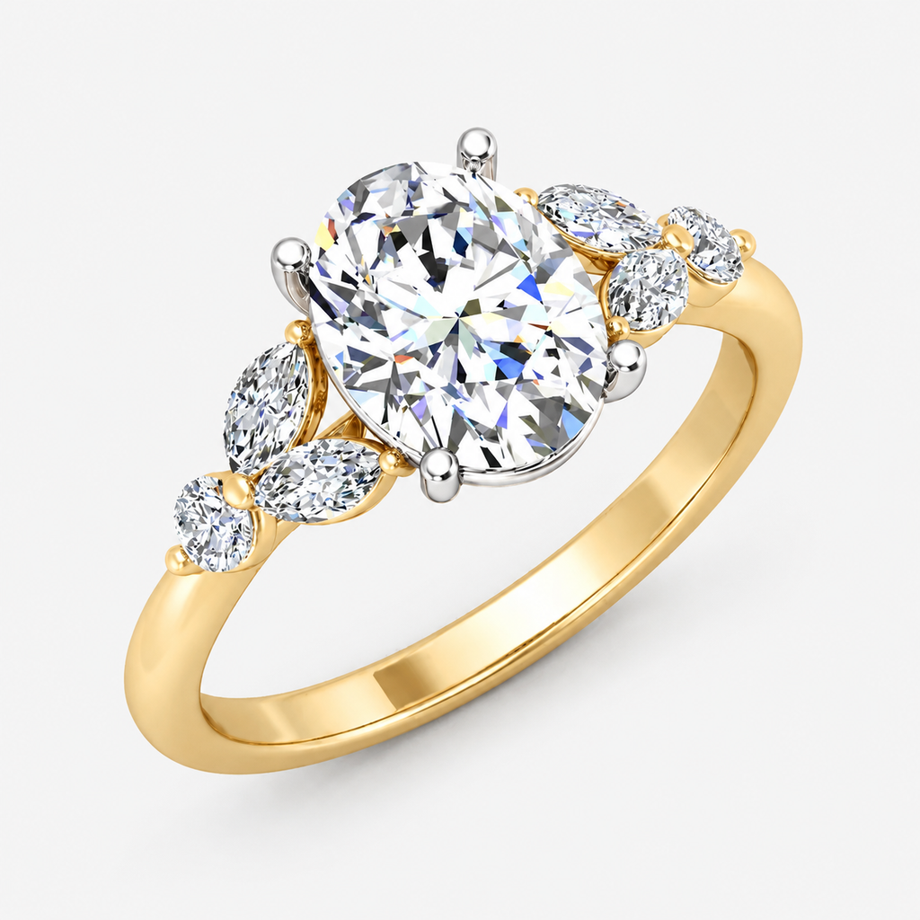IGI Certified Oval Cut Engagement Ring with Marquise and Round Side Stone Accents in Platinum & Gold