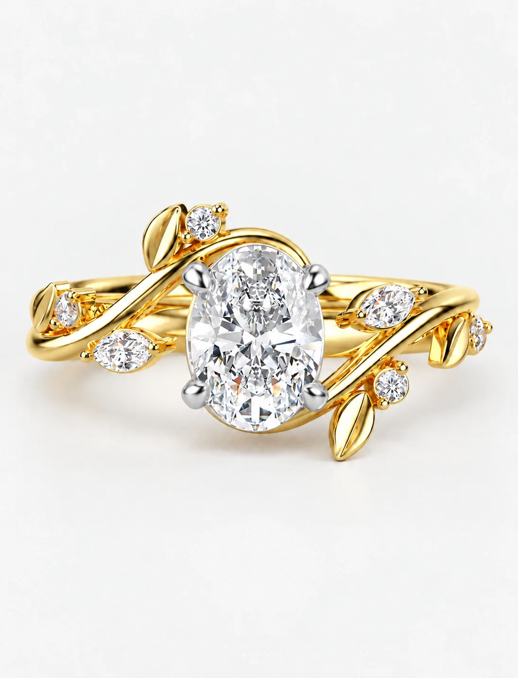 IGI Certified Lab Grown Round Brilliant Diamond Engagement Ring with Marquise Leaf & Round Accents in Gold & Platinum