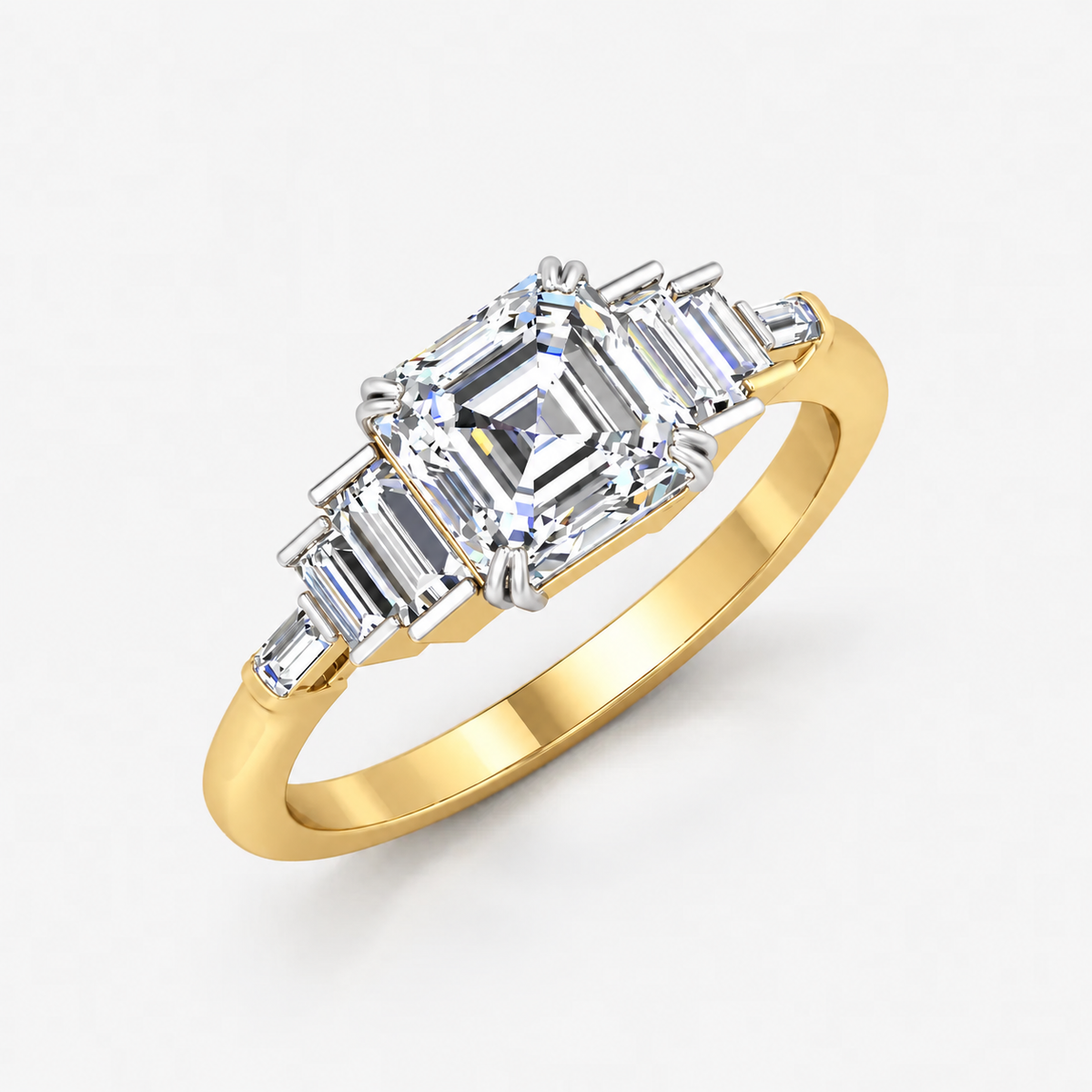 IGI Certified Lab-Grown Asscher-Cut Five-Stone Diamond Engagement Ring with Tapered Baguette Shoulders in Gold & Platinum
