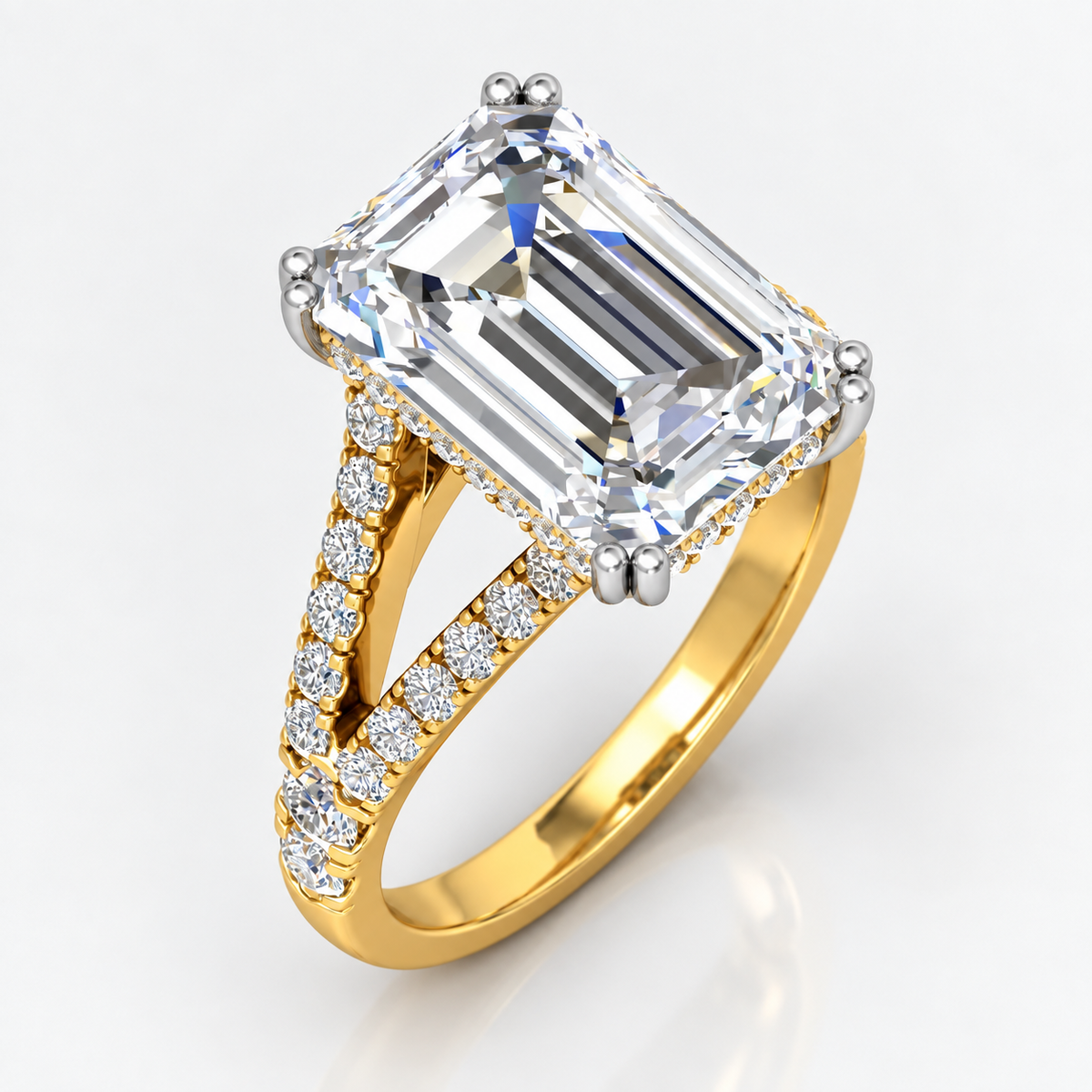 IGI Certified Lab Grown Emerald Cut Diamond with Round Side Stones Engagement Ring in Gold & Platinum – 1–4Ct