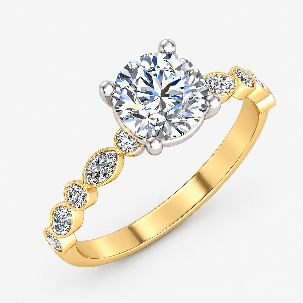 IGI Certified Lab Grown Solitaire Engagement Ring with Alternating Marquise & Round Diamond Accents in Gold & Platinum – 1–5Ct