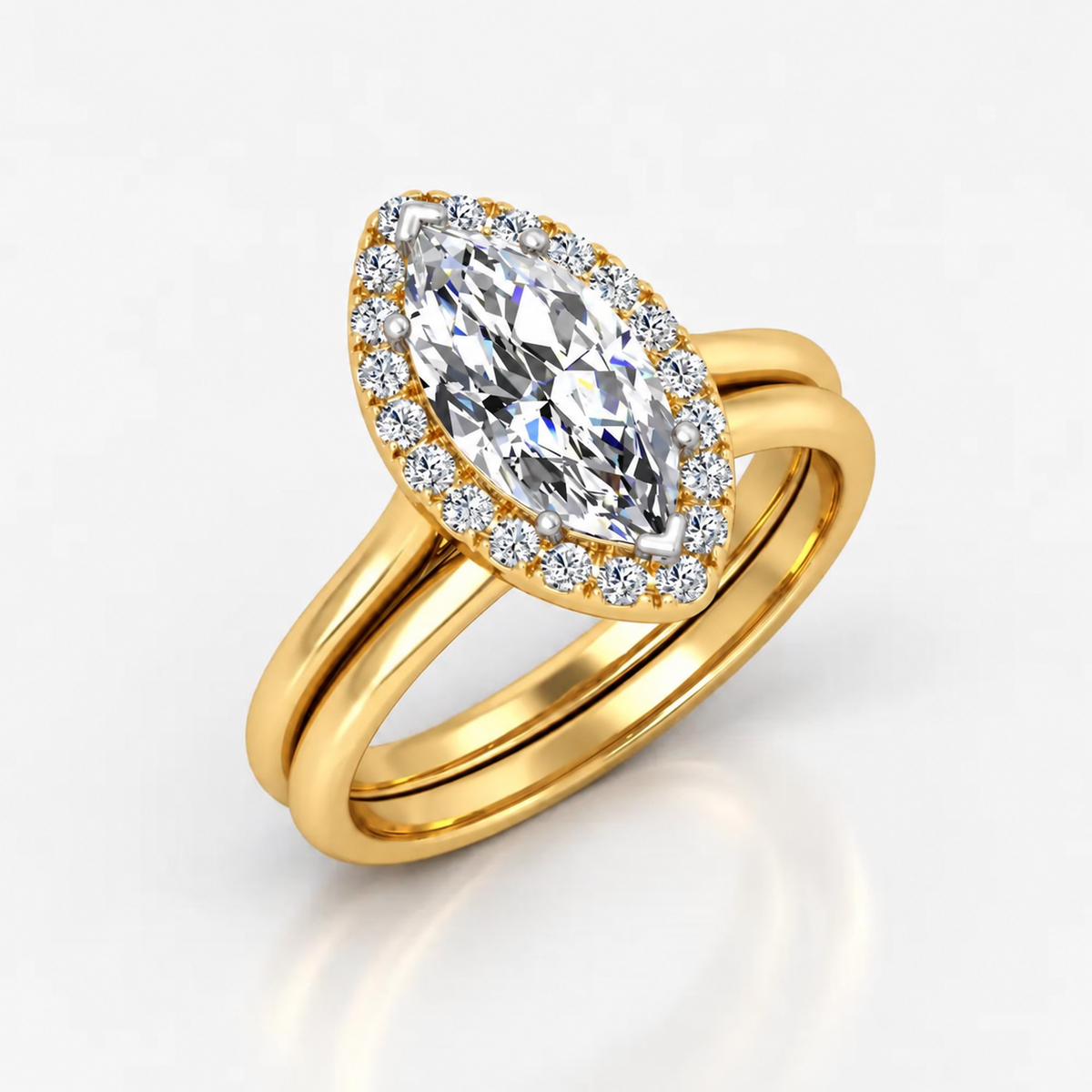 IGI Certified Lab Grown Marquise Diamond Halo Bridal Engagement Ring with Matching Plain Band in Gold & Platinum - 1-5ct