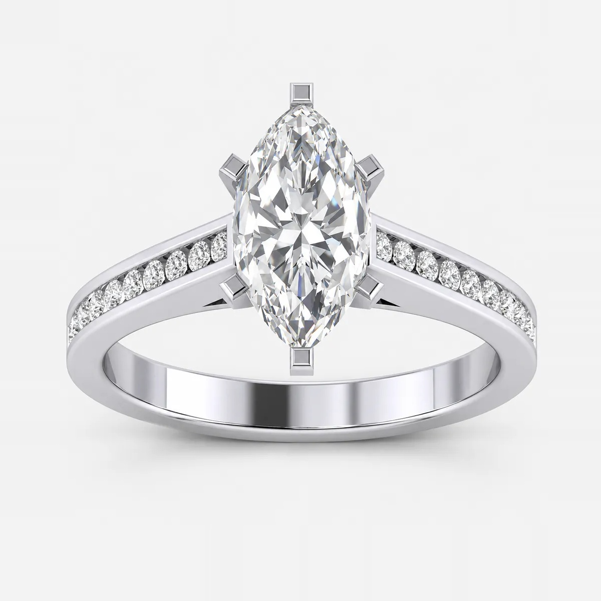 IGI Certified Marquise Cut & Round Side Diamond Channel Set Engagement Ring in Platinum & Gold