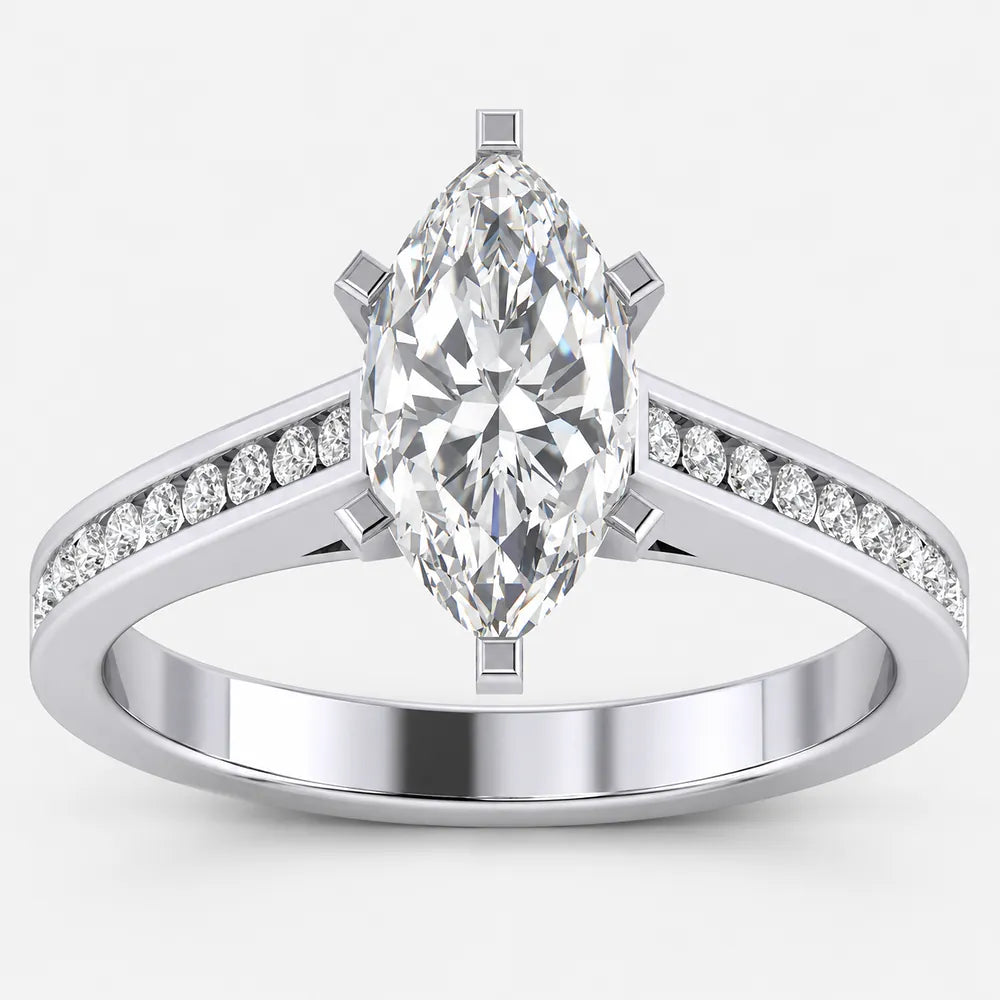 IGI Certified Marquise Cut & Round Side Diamond Channel Set Engagement Ring in Platinum & Gold