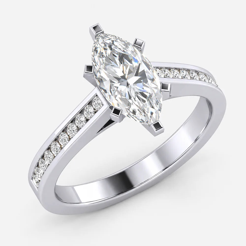 IGI Certified Marquise Cut & Round Side Diamond Channel Set Engagement Ring in Platinum & Gold